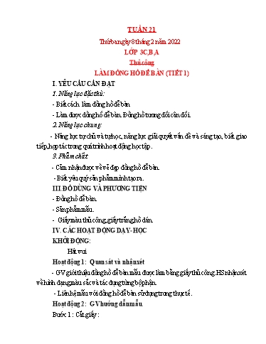 Kế hoạch bài dạy Mỹ thuật Tiểu học - Tuần 21 - Năm học 2021-2022 - Trần Thị Thu
