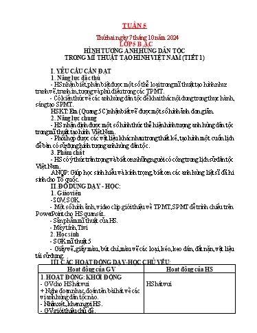 Kế hoạch bài dạy Mỹ thuật Tiểu học - Tuần 5 - Năm học 2024-2025 - Trần Thị Thu