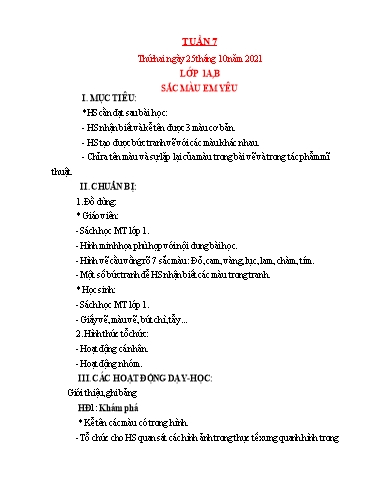 Kế hoạch bài dạy Mỹ thuật Tiểu học - Tuần 7 - Năm học 2021-2022 - Trần Thị Thu
