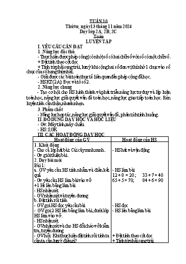 Kế hoạch bài dạy Toán Lớp 2 + Tự nhiên và Xã hội Lớp 1 - Tuần 10 - Năm học 2024-2025 - Lê Thị Hồng Thêu