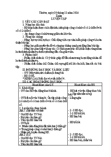 Kế hoạch bài dạy Toán Lớp 2 + Tự nhiên và Xã hội Lớp 1 - Tuần 11 - Năm học 2024-2025 - Lê Thị Hồng Thêu