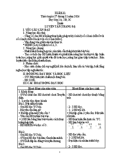 Kế hoạch bài dạy Toán Lớp 2 + Tự nhiên và Xã hội Lớp 1 - Tuần 12 - Năm học 2024-2025 - Lê Thị Hồng Thêu