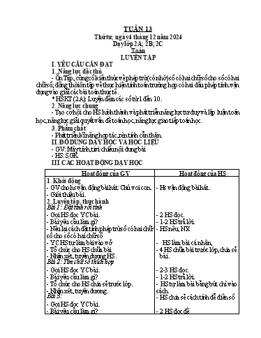 Kế hoạch bài dạy Toán Lớp 2 + Tự nhiên và Xã hội Lớp 1 - Tuần 13 - Năm học 2024-2025 - Lê Thị Hồng Thêu