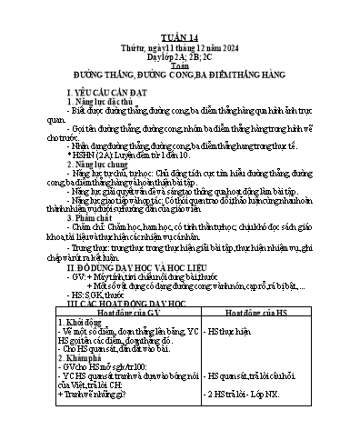 Kế hoạch bài dạy Toán Lớp 2 + Tự nhiên và Xã hội Lớp 1 - Tuần 14 - Năm học 2024-2025 - Lê Thị Hồng Thêu