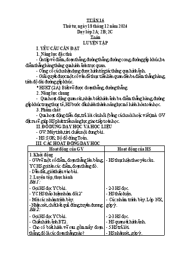 Kế hoạch bài dạy Toán Lớp 2 + Tự nhiên và Xã hội Lớp 1 - Tuần 15 - Năm học 2024-2025 - Lê Thị Hồng Thêu