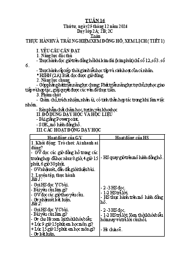 Kế hoạch bài dạy Toán Lớp 2 + Tự nhiên và Xã hội Lớp 1 - Tuần 16 - Năm học 2024-2025 - Lê Thị Hồng Thêu