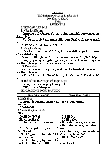 Kế hoạch bài dạy Toán Lớp 2 + Tự nhiên và Xã hội Lớp 1 - Tuần 17 - Năm học 2024-2025 - Lê Thị Hồng Thêu