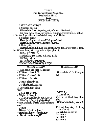 Kế hoạch bài dạy Toán Lớp 2 + Tự nhiên và Xã hội Lớp 1 - Tuần 2 - Năm học 2024-2025 - Lê Thị Hồng Thêu