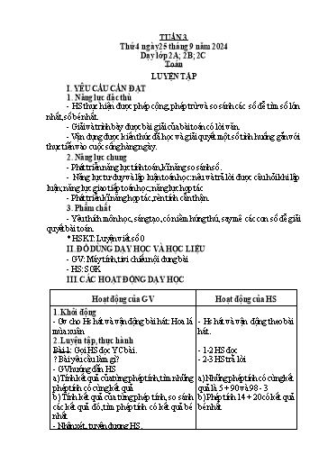 Kế hoạch bài dạy Toán Lớp 2 + Tự nhiên và Xã hội Lớp 1 - Tuần 3 - Năm học 2024-2025 - Lê Thị Hồng Thêu