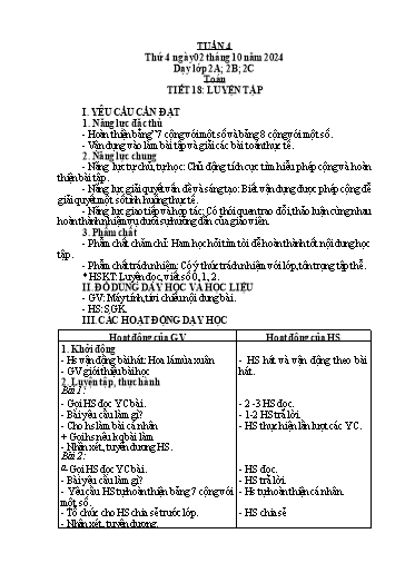 Kế hoạch bài dạy Toán Lớp 2 + Tự nhiên và Xã hội Lớp 1 - Tuần 4 - Năm học 2024-2025 - Lê Thị Hồng Thêu