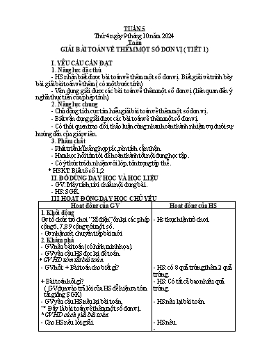 Kế hoạch bài dạy Toán Lớp 2 + Tự nhiên và Xã hội Lớp 1 - Tuần 5 - Năm học 2024-2025 - Lê Thị Hồng Thêu