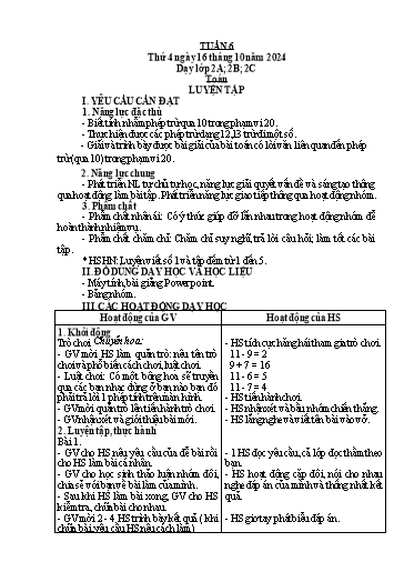 Kế hoạch bài dạy Toán Lớp 2 + Tự nhiên và Xã hội Lớp 1 - Tuần 6 - Năm học 2024-2025 - Lê Thị Hồng Thêu