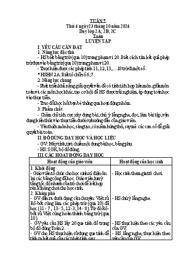 Kế hoạch bài dạy Toán Lớp 2 + Tự nhiên và Xã hội Lớp 1 - Tuần 7 - Năm học 2024-2025 - Lê Thị Hồng Thêu