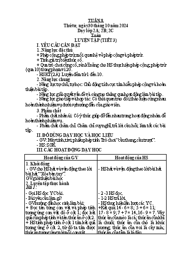 Kế hoạch bài dạy Toán Lớp 2 + Tự nhiên và Xã hội Lớp 1 - Tuần 8 - Năm học 2024-2025 - Lê Thị Hồng Thêu