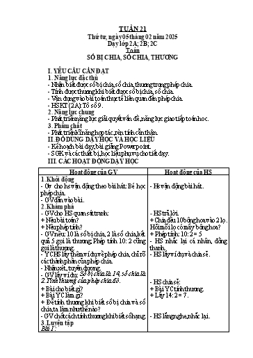 Kế hoạch bài dạy Toán Lớp 2 - Tuần 21 - Năm học 2024-2025 - Lê Thị Hồng Thêu