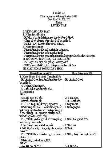 Kế hoạch bài dạy Toán Lớp 2 - Tuần 25 - Năm học 2024-2025 - Lê Thị Hồng Thêu