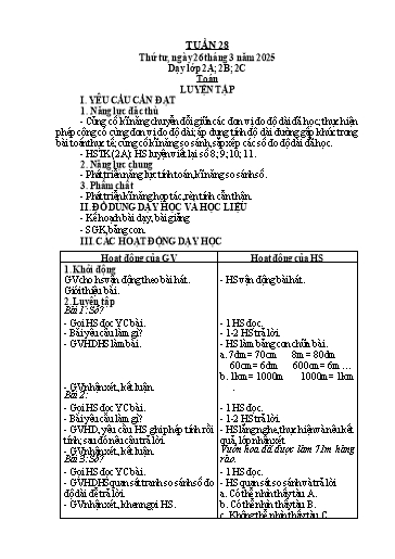 Kế hoạch bài dạy Toán Lớp 2 - Tuần 28 - Năm học 2024-2025 - Lê Thị Hồng Thêu
