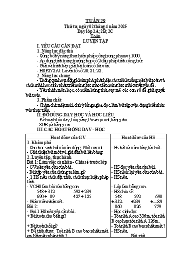 Kế hoạch bài dạy Toán Lớp 2 - Tuần 29 - Năm học 2024-2025 - Lê Thị Hồng Thêu