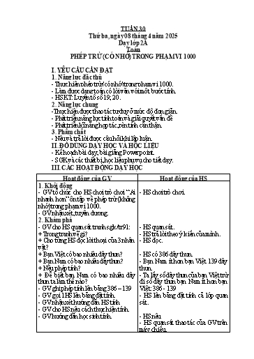 Kế hoạch bài dạy Toán Lớp 2 - Tuần 30 - Năm học 2024-2025 - Lê Thị Hồng Thêu
